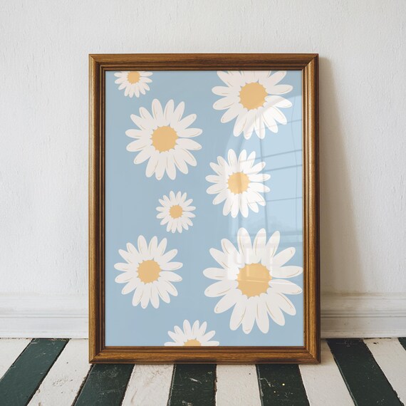 Cheerful Blue Daisy Pattern Floral White Daisies Nursery Wall Art