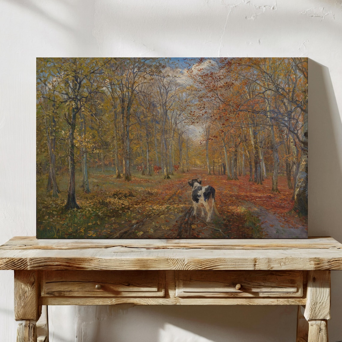 Cow on the Road Autumn Woodland Path Vintage Farm Animal Art Poster