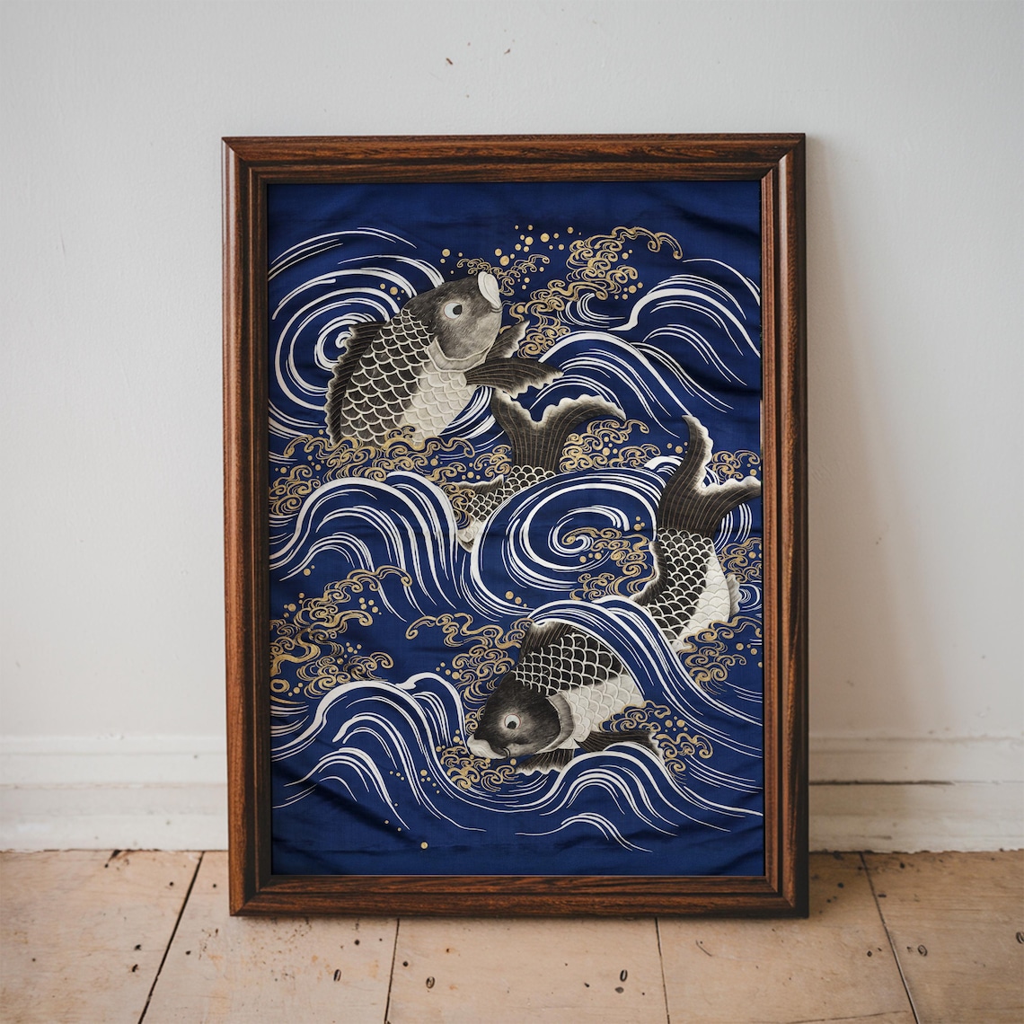 Koi Fish Japanese Wave Ukiyo E Navy Gold Vintage Animal Print