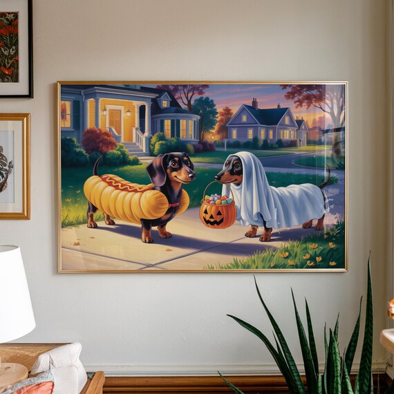 Dachshund Hot Dog Ghost Costume Halloween Dogs Party Art Poster