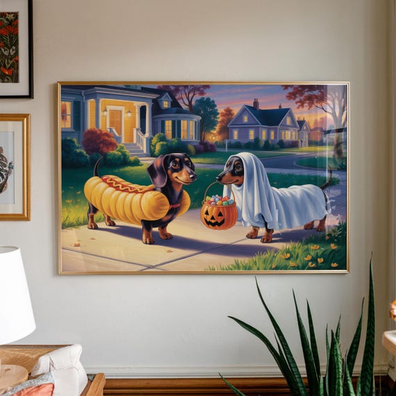 Dachshund Trick Or Treat Painting Cute Halloween Home Decor Dog Lover Giftapartment Spooky Season Black Cat Print Unframed
