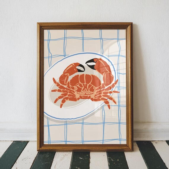 Crab On A Plate Print Kitchen Wall Art Coastal Home Decor Oil Painting Seaside Nautical Unframed