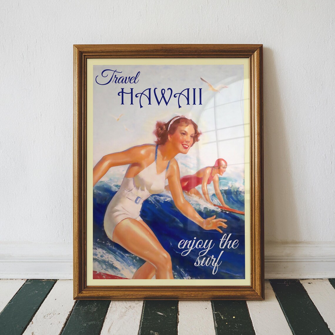 Travel Hawaii Enjoy the Surf Vintage Pin Up Girl Surf Poster
