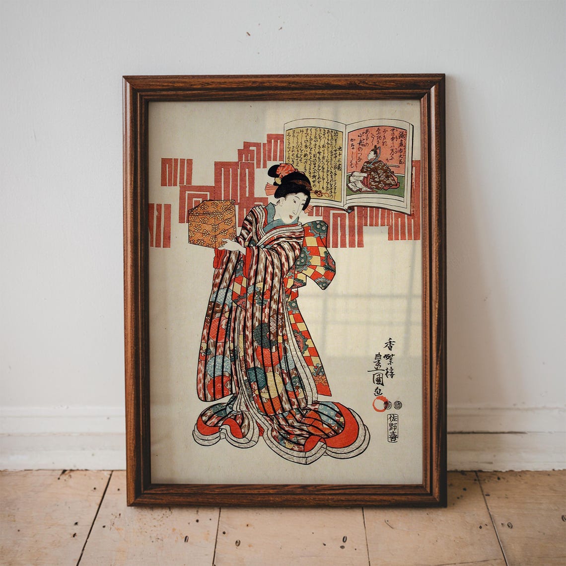 Vintage Japanese Woodblock Print Poem By Kamakura Udaijin Geisha Art Living Room Large Wall Ukiyoe Utagawa Kunisada