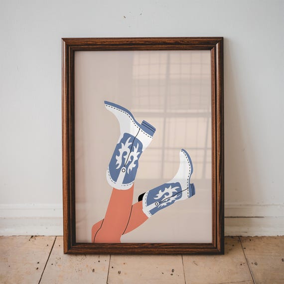 Blue Cowgirl Boots Wall Art Western Poster Print Trendy Decor Apartment Home Dorm Room