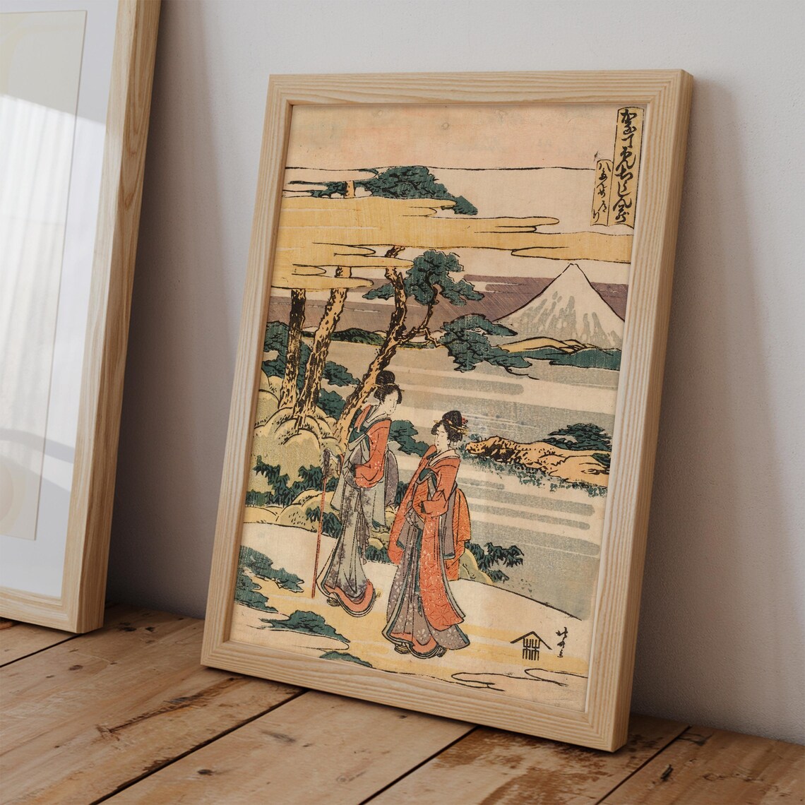 Two Women In Kimono Walking By Water With Mount Fuji Ukiyo-E Style Poster