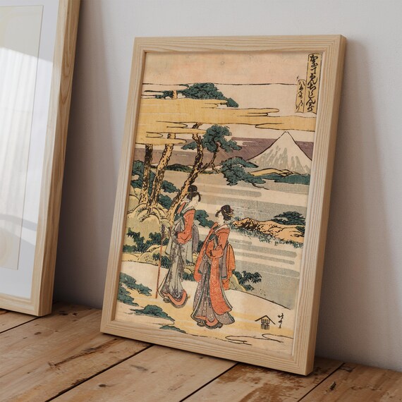 Two Women In Kimono Walking By Water With Mount Fuji Ukiyo-E Style Poster