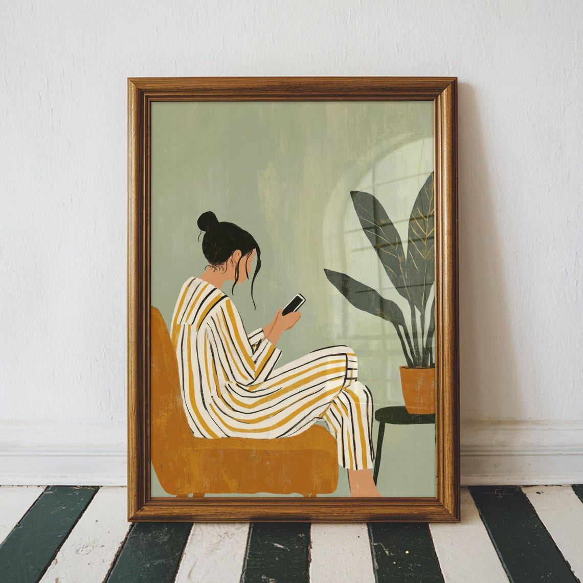 Woman Relaxing In Striped Pajamas Cozy Reading Corner Poster