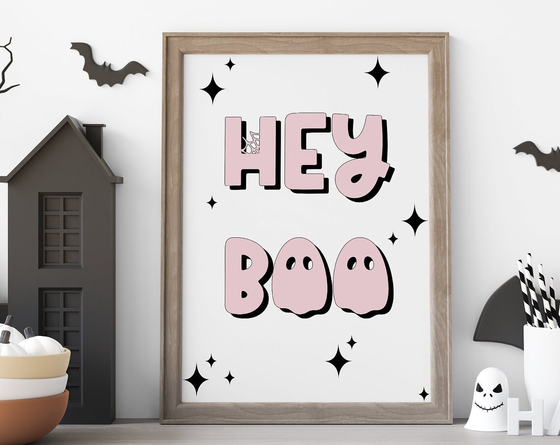 Cute Hey Boo Halloween Pink Ghost Lettering and Sparkles Poster