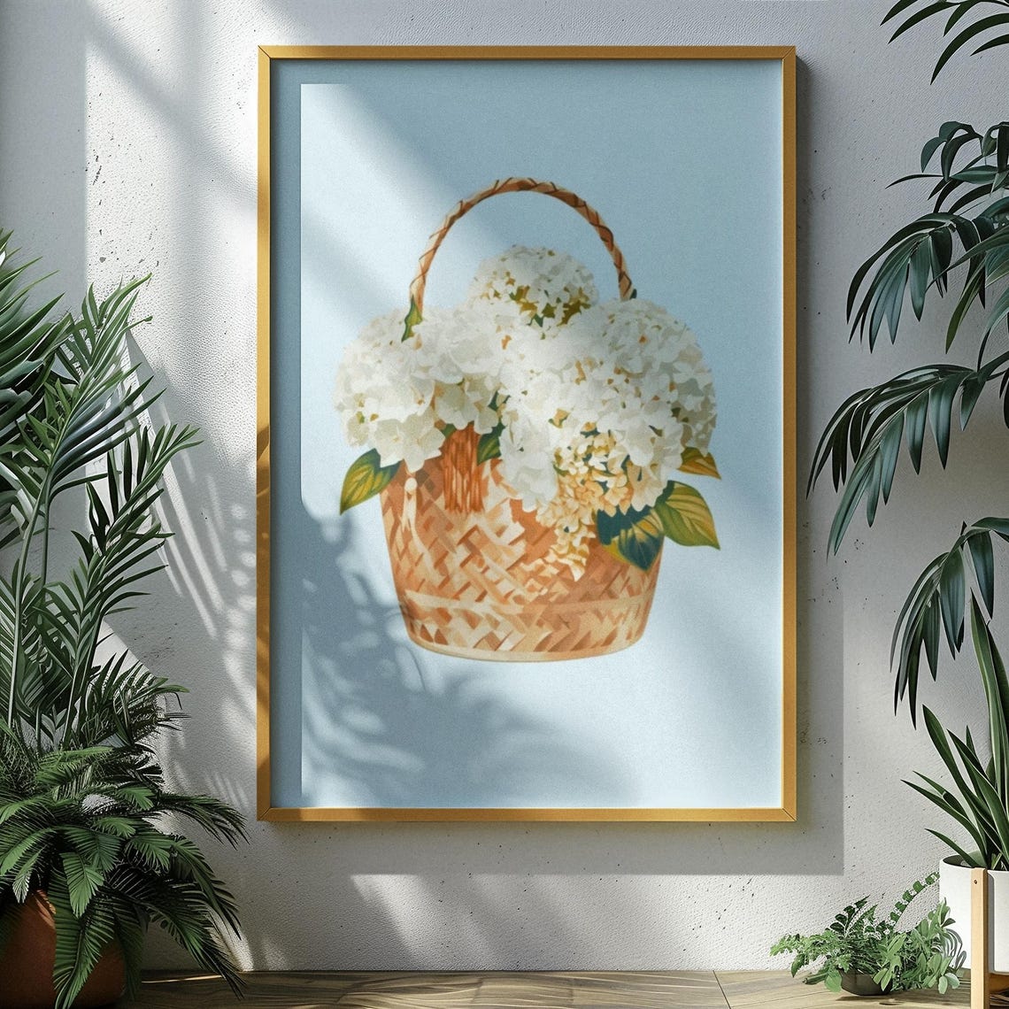 White Hydrangea Basket Watercolor Spring Floral Kitchen Poster