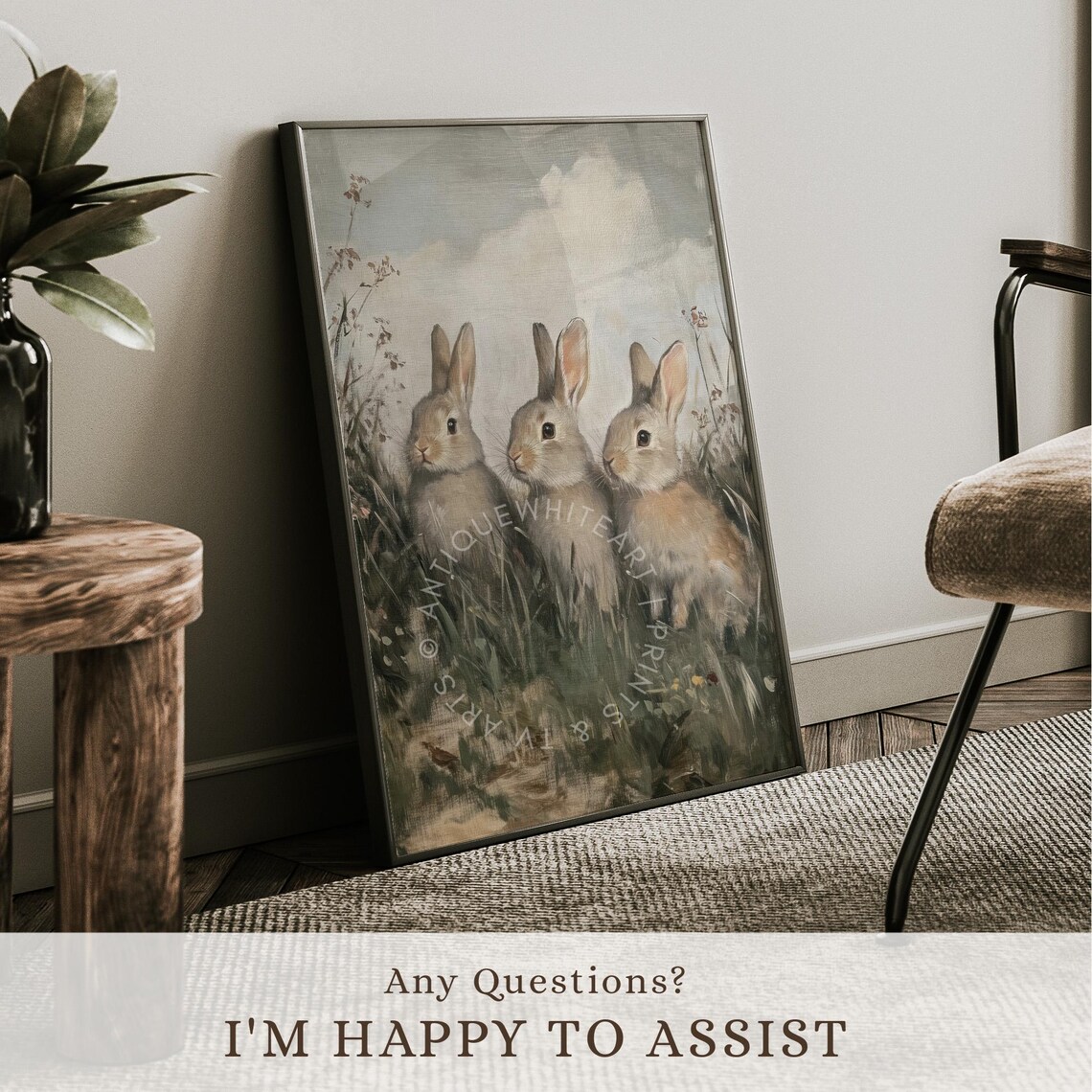 Three Rabbits Meadow Vintage Painting Antique Bunny Rabbit Easter Art Print - Image 2