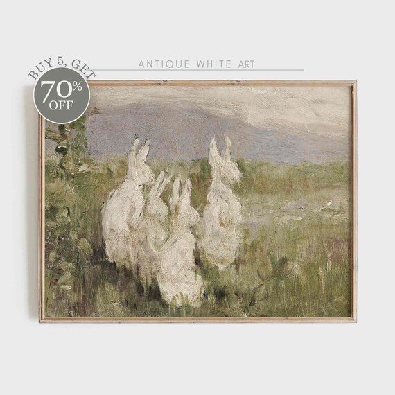 Easter Bunnies Wall Art Classy Easter Decor Print Antique Moody Rabbit Animal Painting Vintage Painting Instant A115