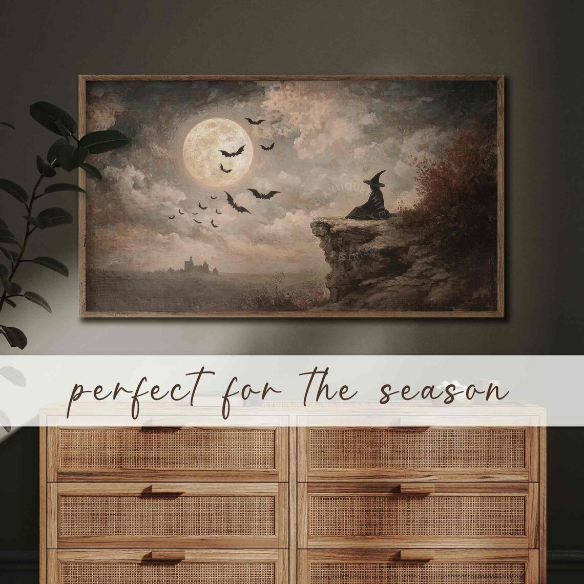 Halloween Witch Oil Painting Art Print, Full Moon Bat - Image 3