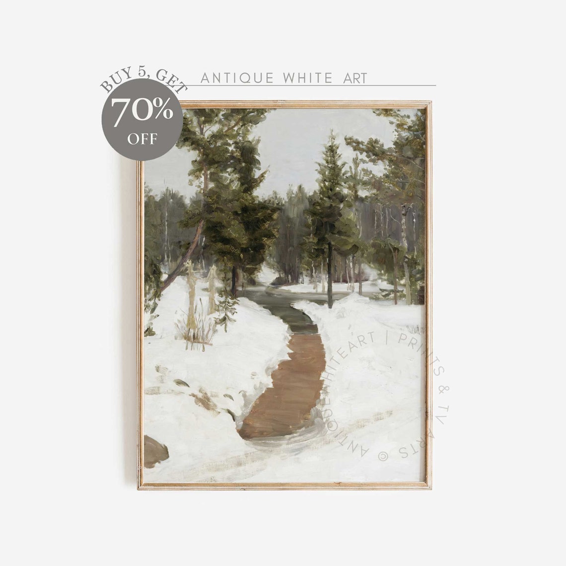Snowy Pine Forest Stream Winter Landscape Vintage Wall Art Print