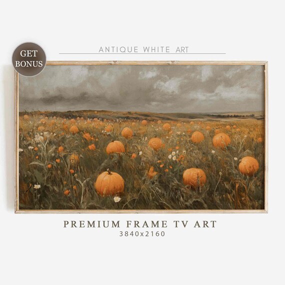 Pumpkin Patch In Wildflower Field Under Cloudy Sky Rustic Fall Harvest Art Poster
