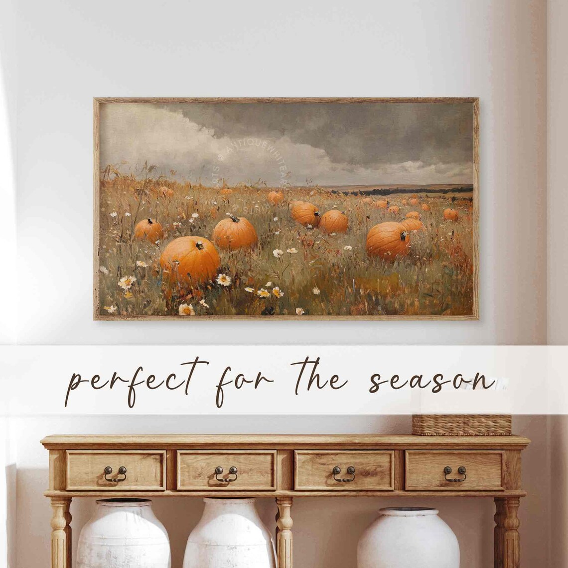 Pumpkins Scattered In Tall Wildflower Field Under Cloudy Autumn Sky Art Poster - Image 2