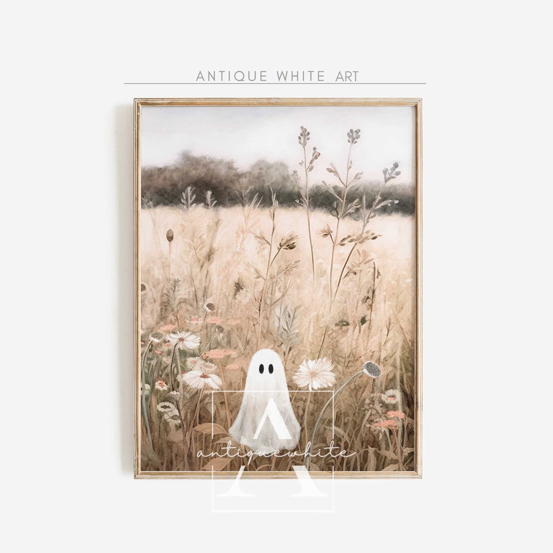 Cute Ghost Daisy Wildflower Meadow Blush Neutral Halloween Art Print