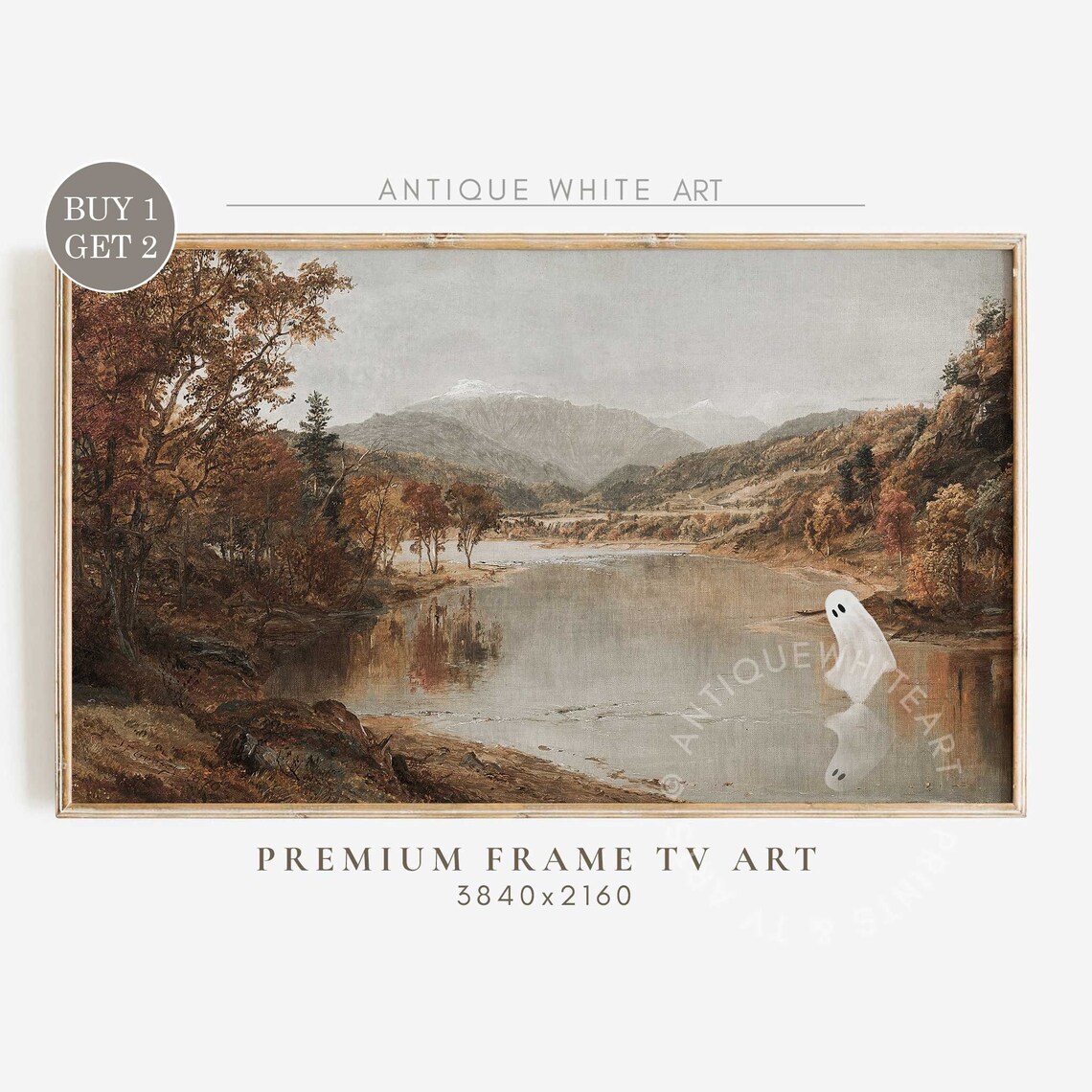 Vintage Autumn Mountain Lake Hidden Ghost Halloween Wall Art Print