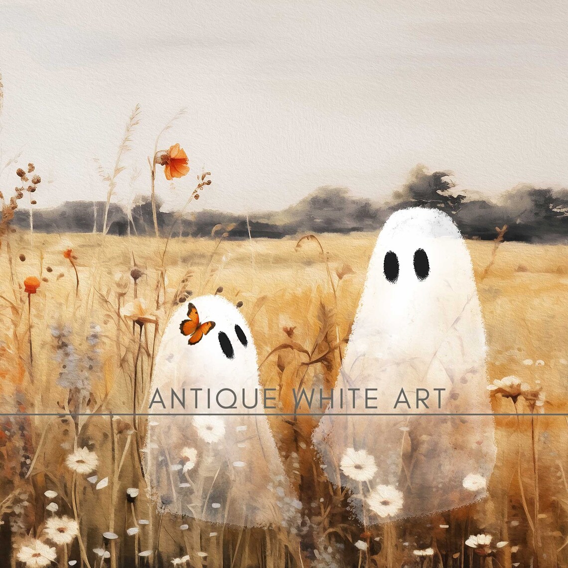 Cute Ghosts In Wildflowers, Vintage Halloween Art - Image 5