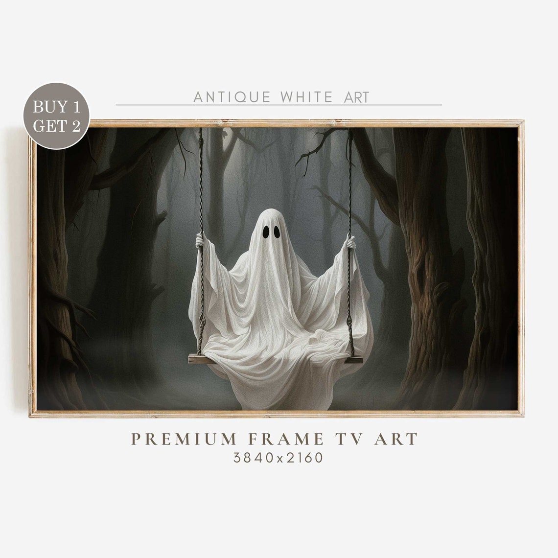 Cute Ghost on Swing Dark Forest Vintage Halloween Spooky Art Poster