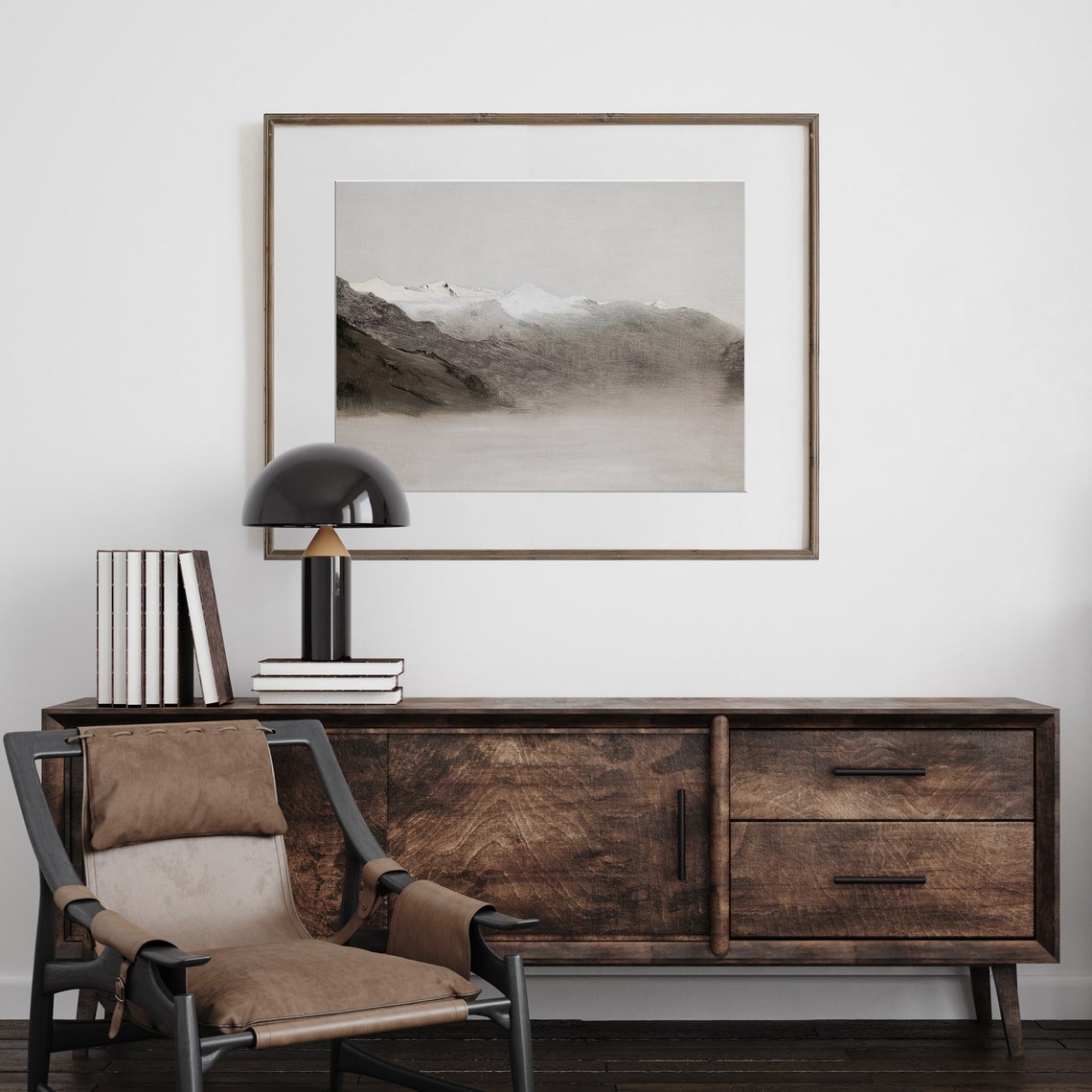 Hazy Gray Mountain Range Minimalist Moody Landscape Painting Poster - Image 2