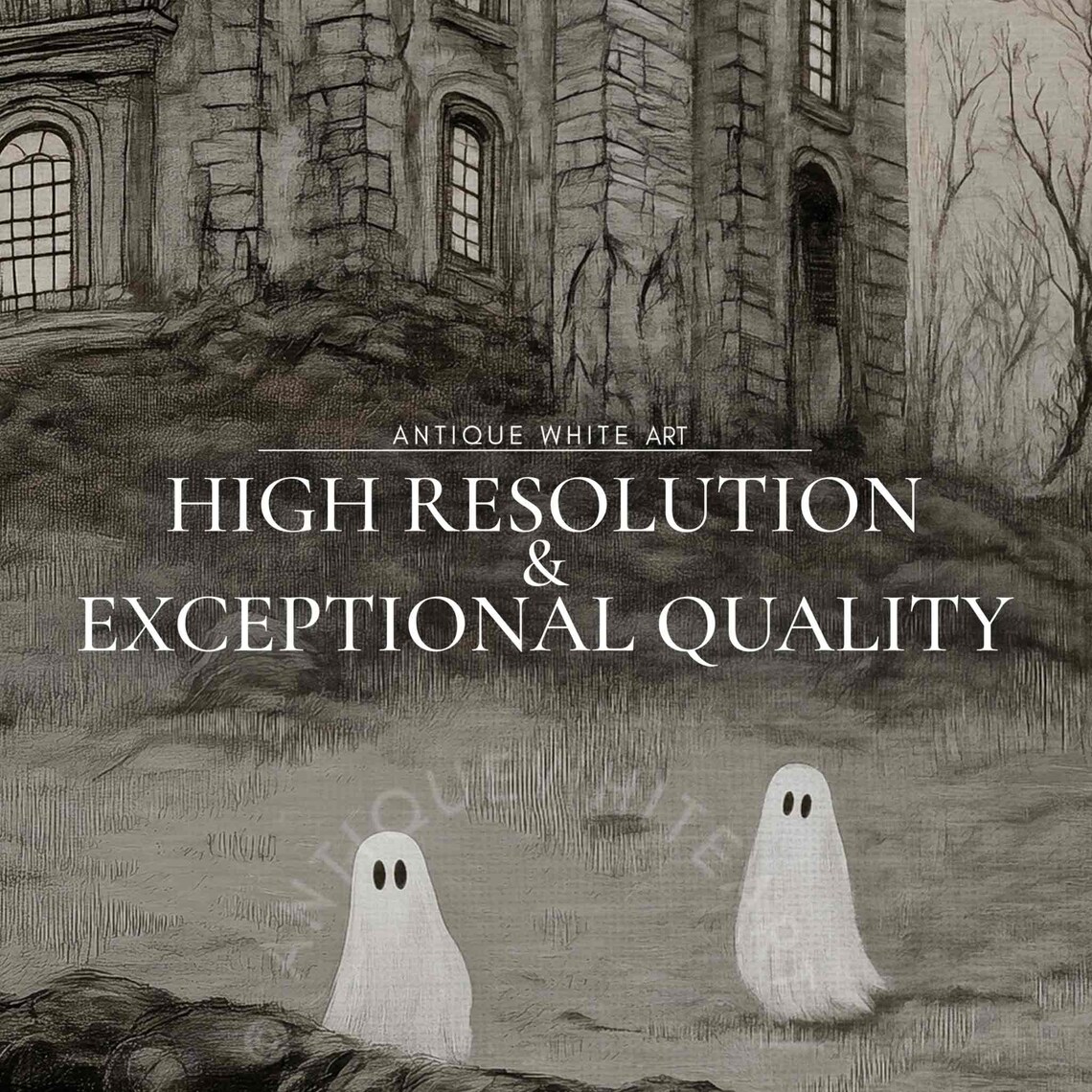 Gothic Haunted House On Hill With Ghosts Monochrome Vintage Spooky Poster - Image 2