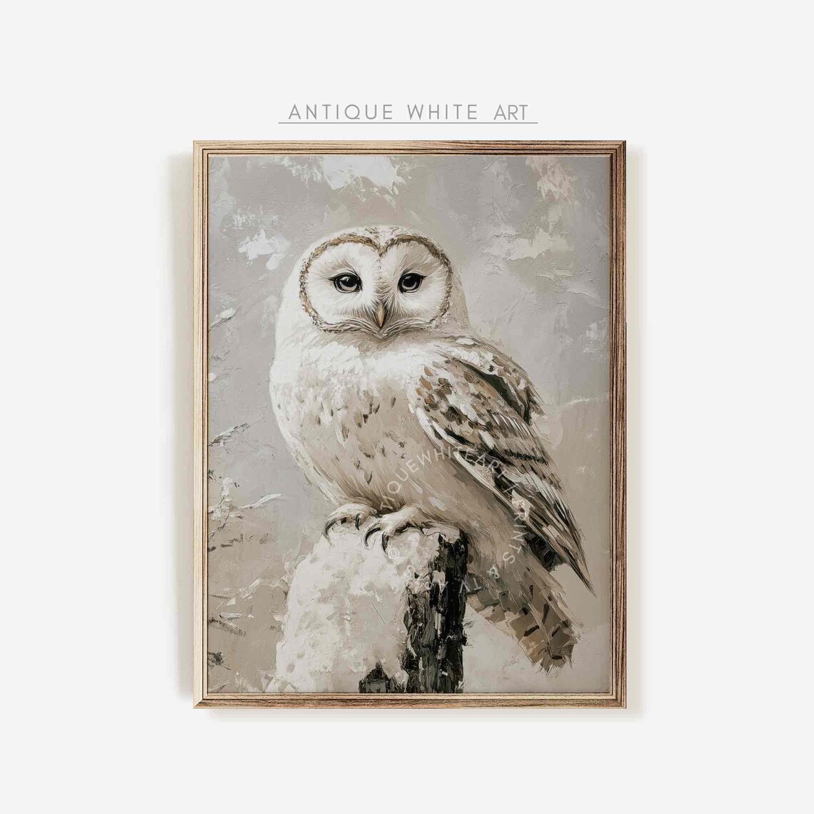 White Snowy Owl On Winter Stump Neutral Beige Wall Art Print