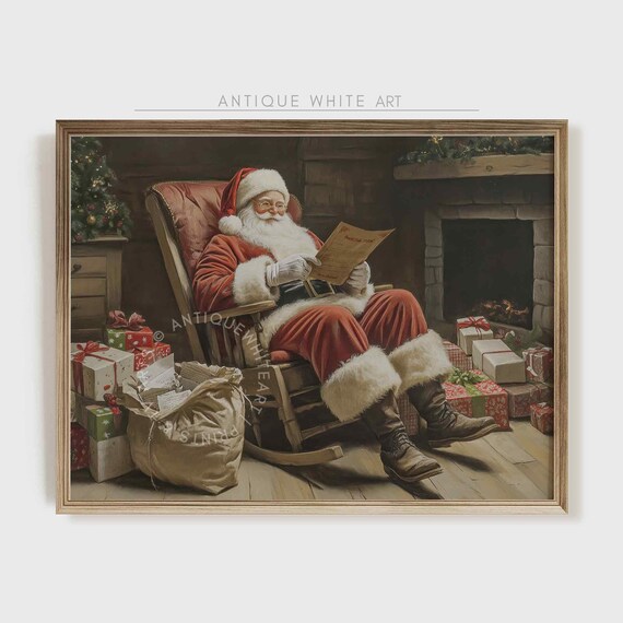 Santa Claus Print Christmas Decor Santa Reading Painting Moody Winter Wall Art Farmhouse Christmas W146