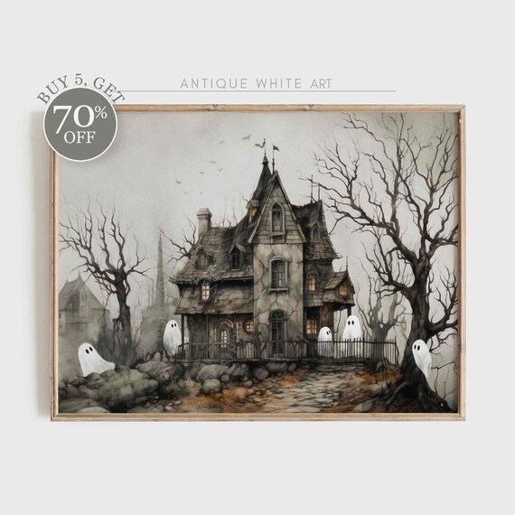 Spooky Haunted House Cute Ghosts Bare Trees Vintage Halloween Art Poster
