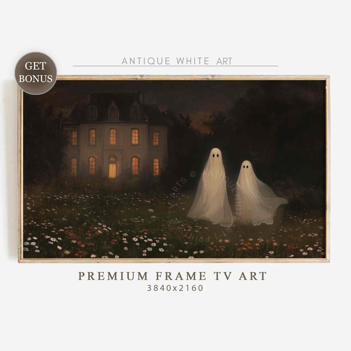 Two Ghosts In Wildflower Meadow Before Lit Manor At Night Spooky Art Poster