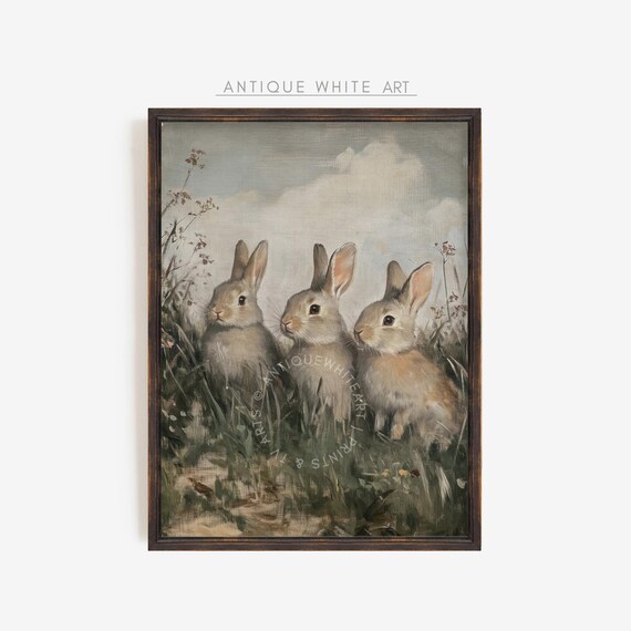 Easter Bunnies Wall Art Classy Easter Decor Print Antique Moody Rabbit Animal Painting Vintage Painting Instant A367