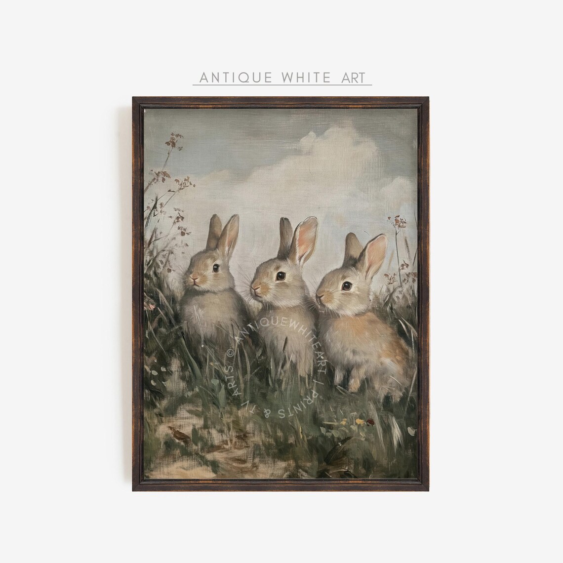 Three Rabbits Meadow Vintage Painting Antique Bunny Rabbit Easter Art Print