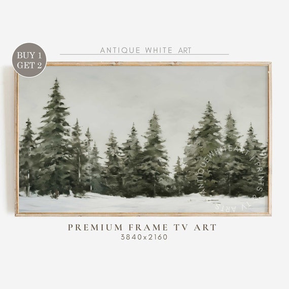 Vintage Winter Forest Painting Art Print, Farmhouse Decor