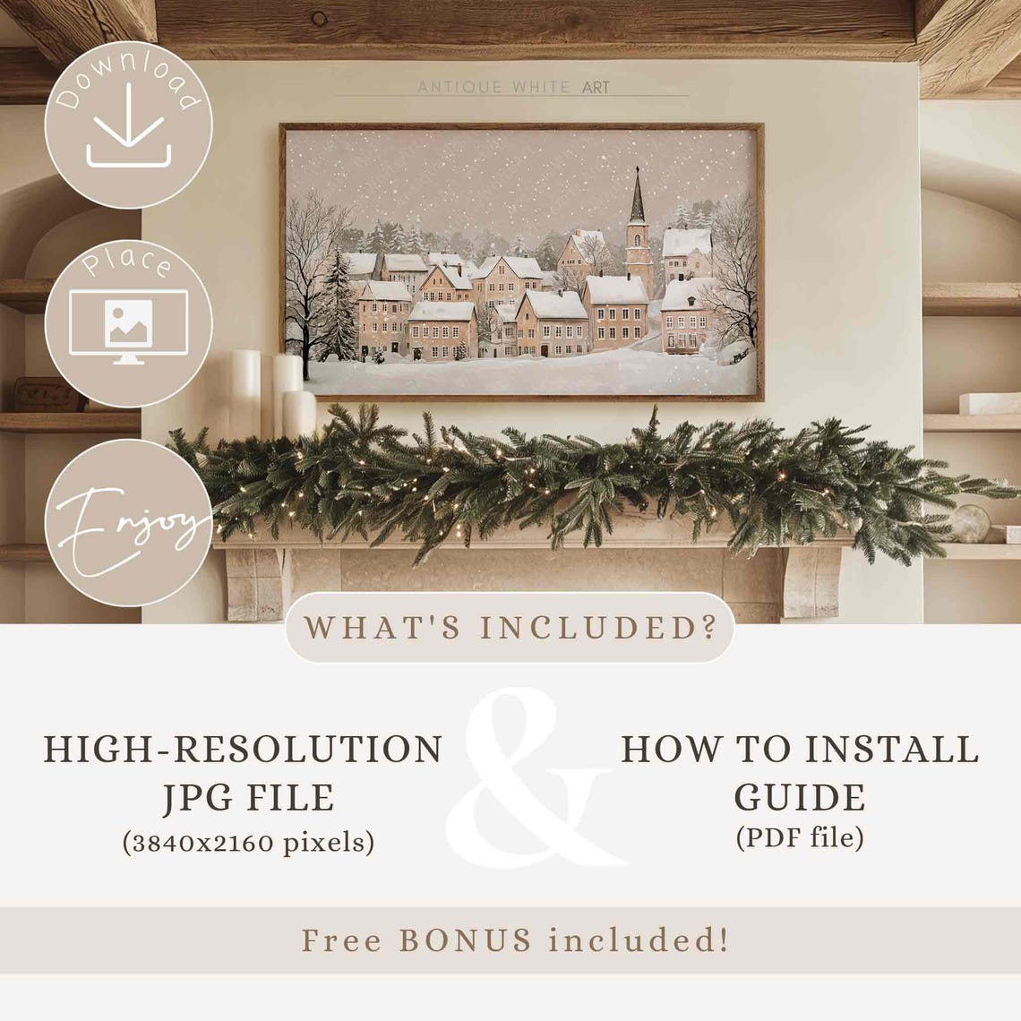 Christmas Village Frame Tv Art Winter Town Art Christmas Painting For Tv Neutral Holiday Frame Tv Art Christmas Home Decor Wa82 - Image 4