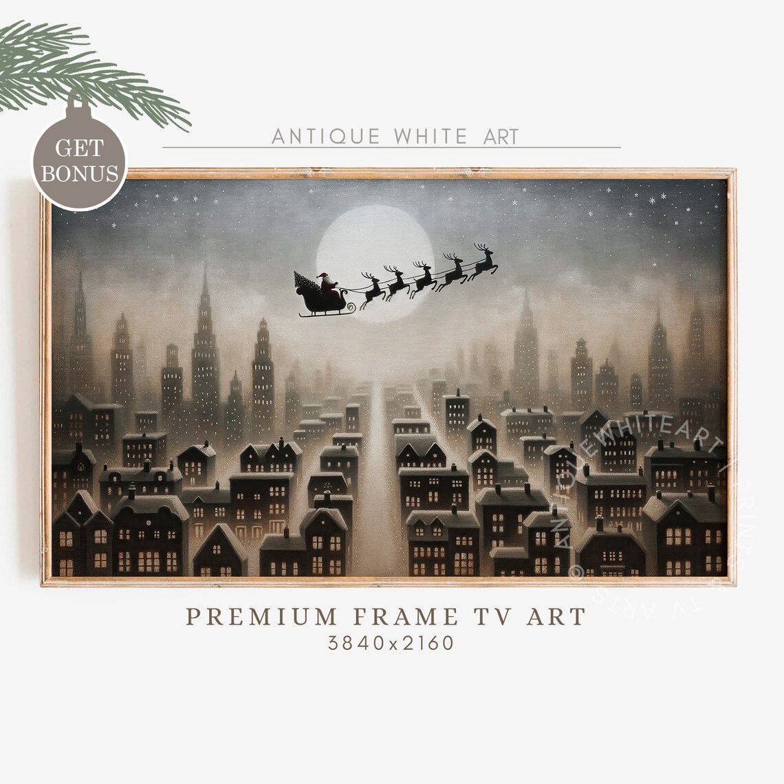 Vintage Christmas Santa's Sleigh Art Print, Farmhouse