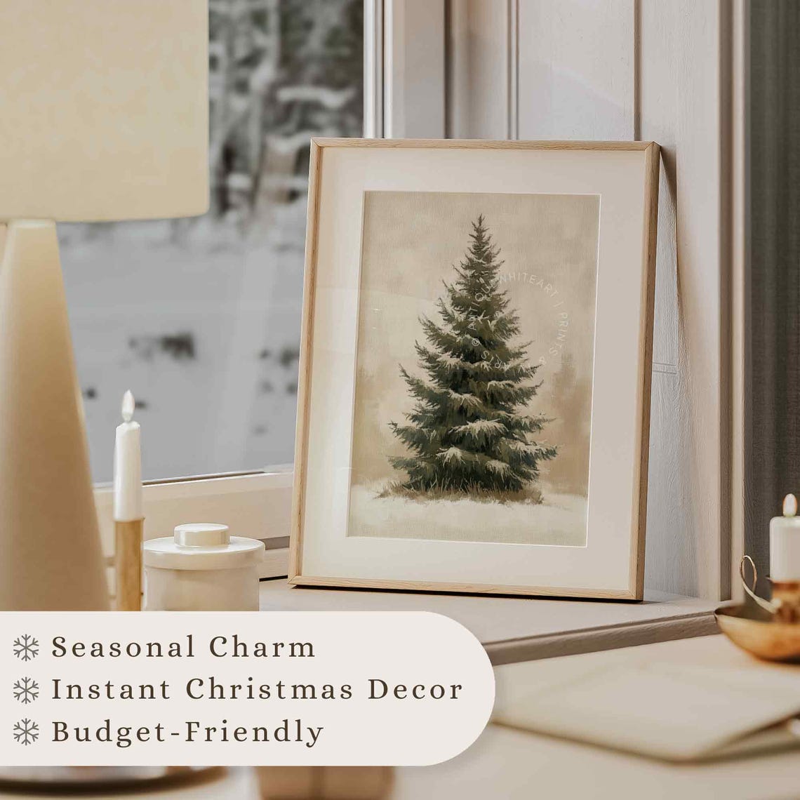 Single Snow Dusted Evergreen Tree Minimalist Neutral Wall Art - Image 4
