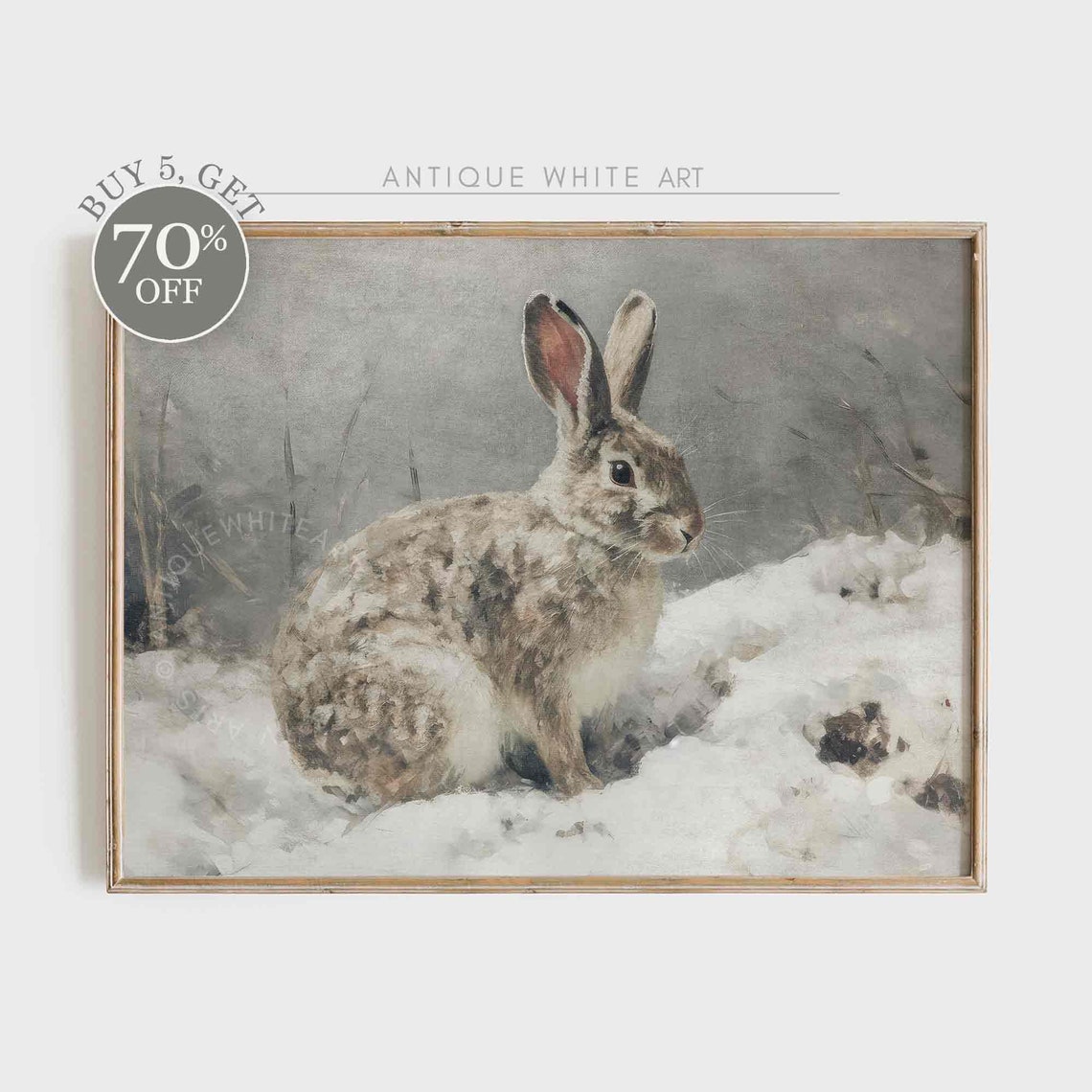 Winter Hare in Snow Vintage Oil Painting Rustic Country Wall Art Print
