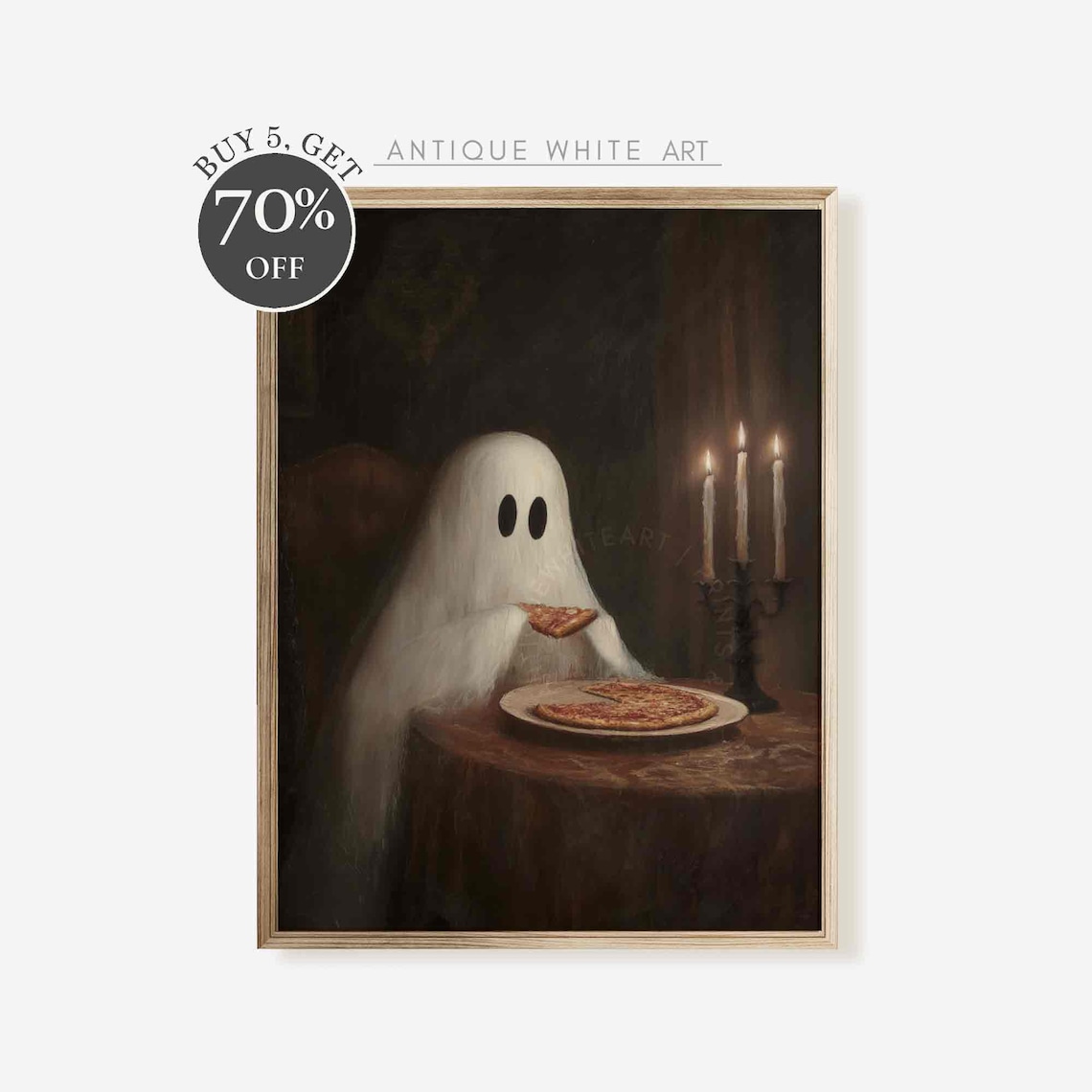 Ghost Eating Pizza Halloween Quirky Art Print