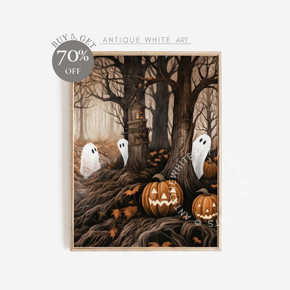 Cute Halloween Ghosts Spooky Haunted Forest Pumpkins Vintage Painting Print