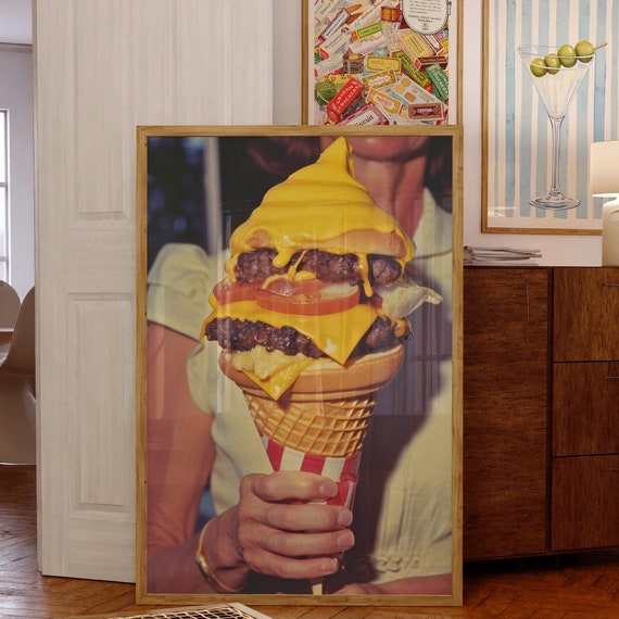 Cheeseburger Cone Wall Art Retro Food Print For Kitchen Deco Retro Retro Print Large Bar Cart Decorations