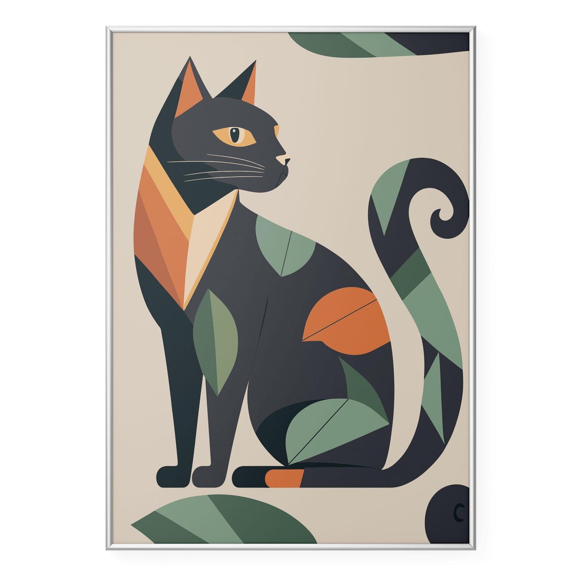 Geometric Black Cat With Leaf Patterns Modern Abstract Art Poster