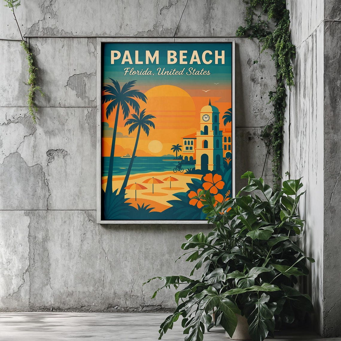 Palm Beach Florida Vintage Sunset Beach Retro Travel Art Poster