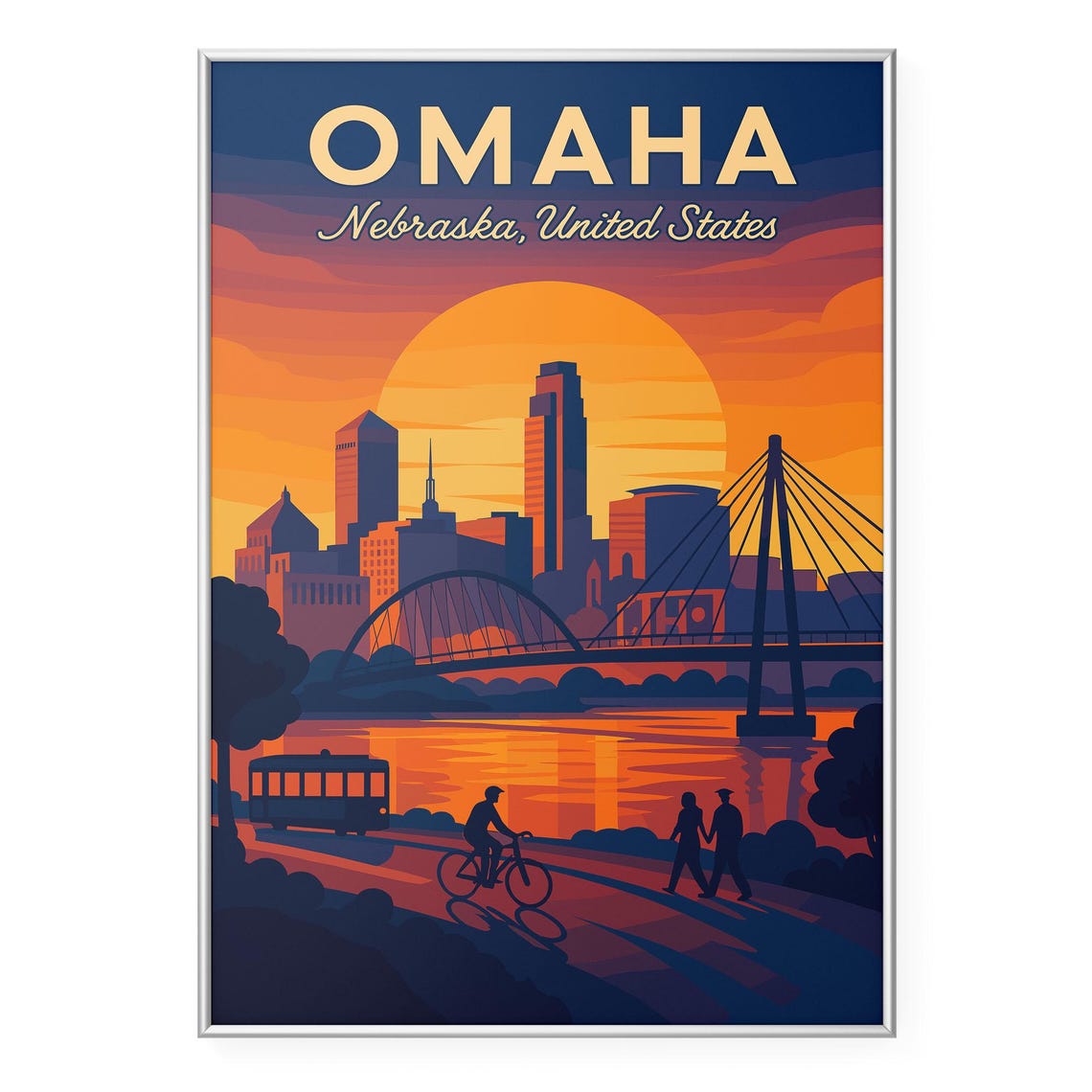 Omaha Nebraska Sunset Skyline River Bridges Travel City Poster