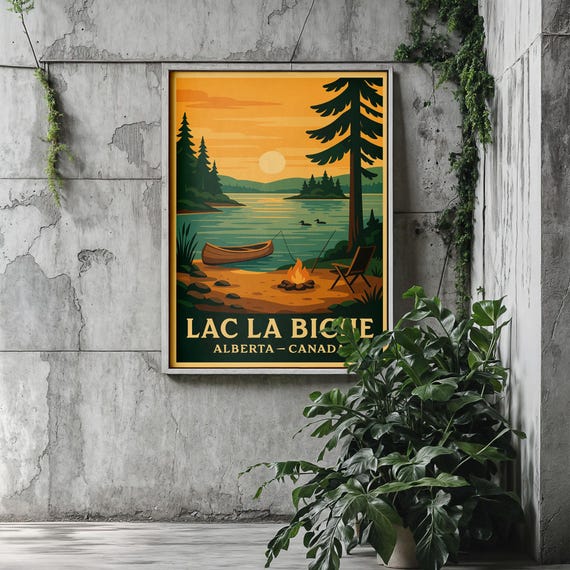 Lac La Biche Photo Print Alberta Lake Poster Campfire Canoe Sunset Wall Art Modern Office Home Decor