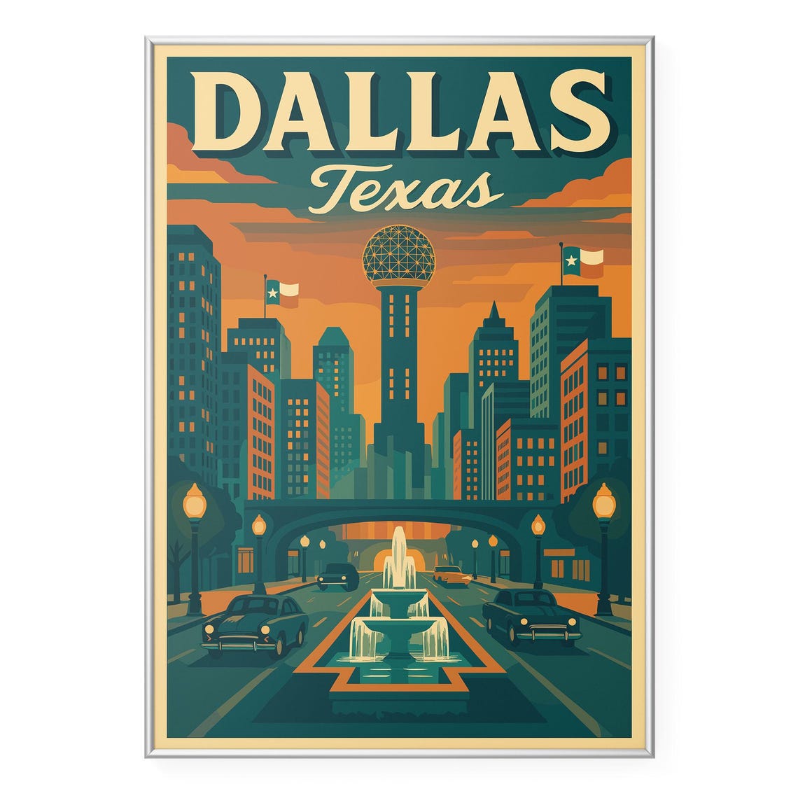 Dallas Texas Sunset Skyline Travel Poster Reunion Tower Fountain Art