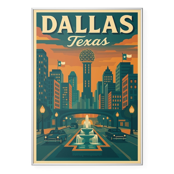 Dallas Texas Sunset Skyline Travel Poster Reunion Tower Fountain Art