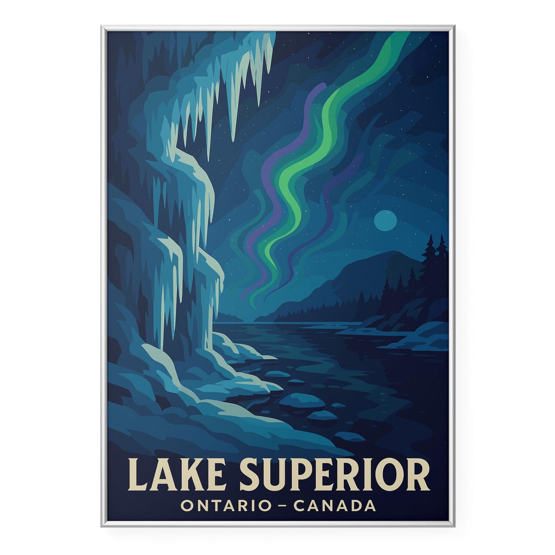 Lake Superior Ontario Northern Lights Ice Cliffs Winter Travel Poster