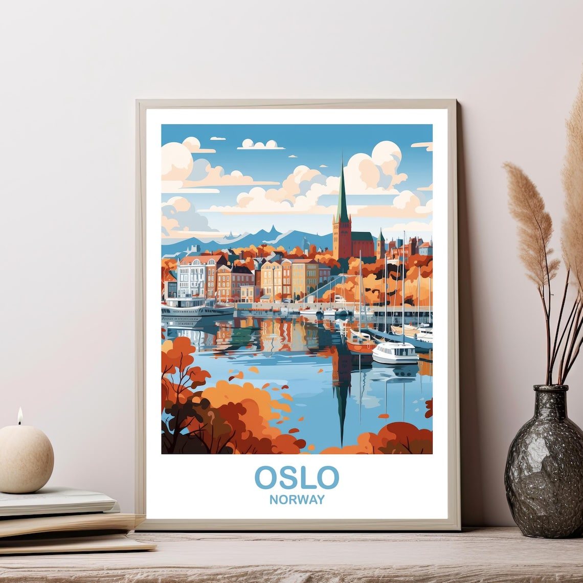 Oslo Norway Autumn Harbor Boats City Reflections Travel Poster