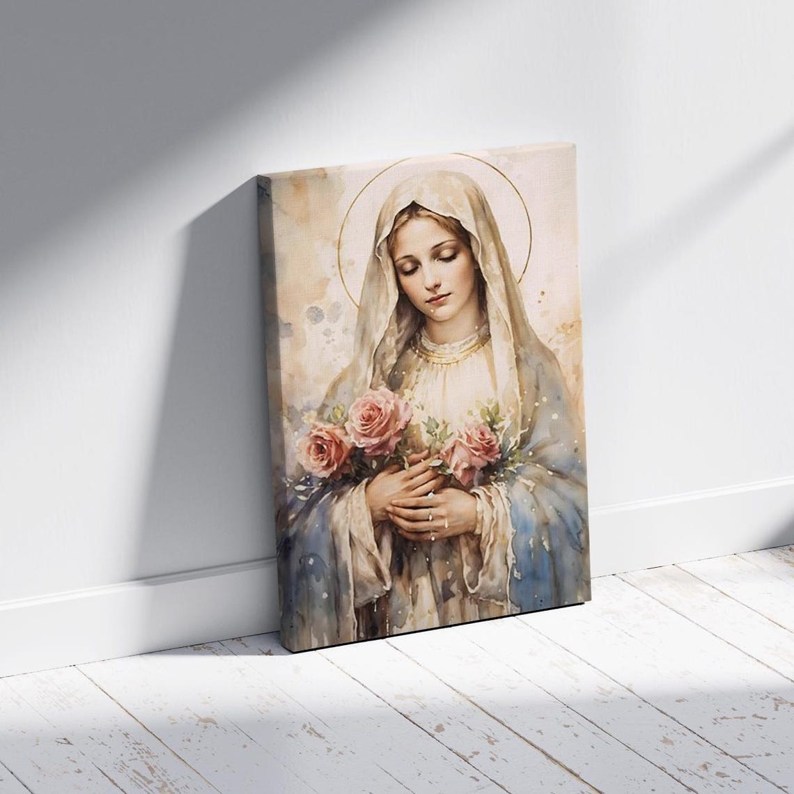 Blessed Virgin Mary Holding Pink Roses Watercolor Style Wall Art