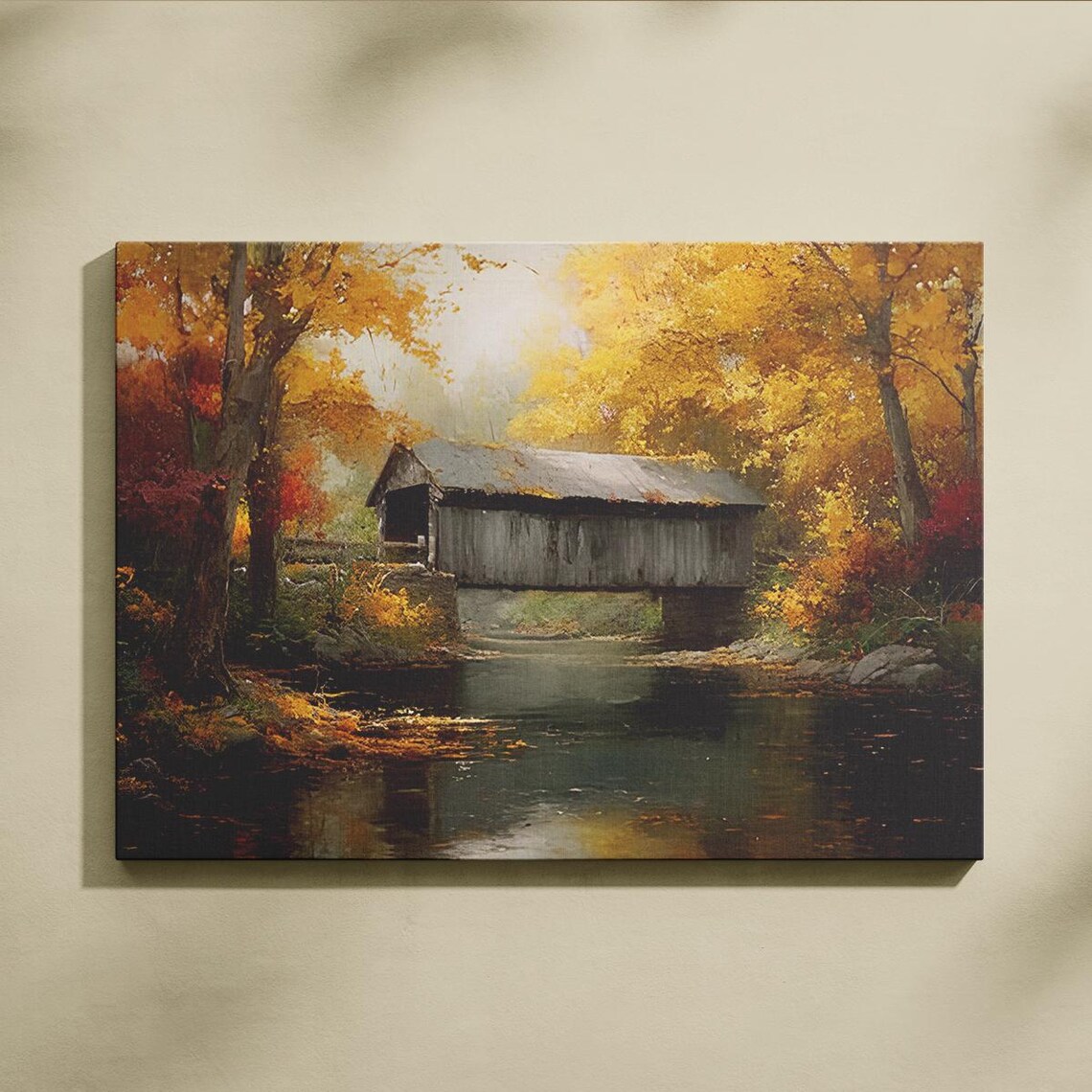 Autumn Wooden Bridge Over River Canvas Wall Art Nature And Forest Decorative Landscape Painting